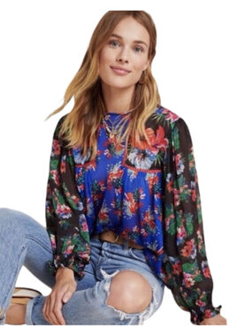Bl-nk Miranda Peasant Blouse, XL, Boho Floral Balloon Sleeve Viscose